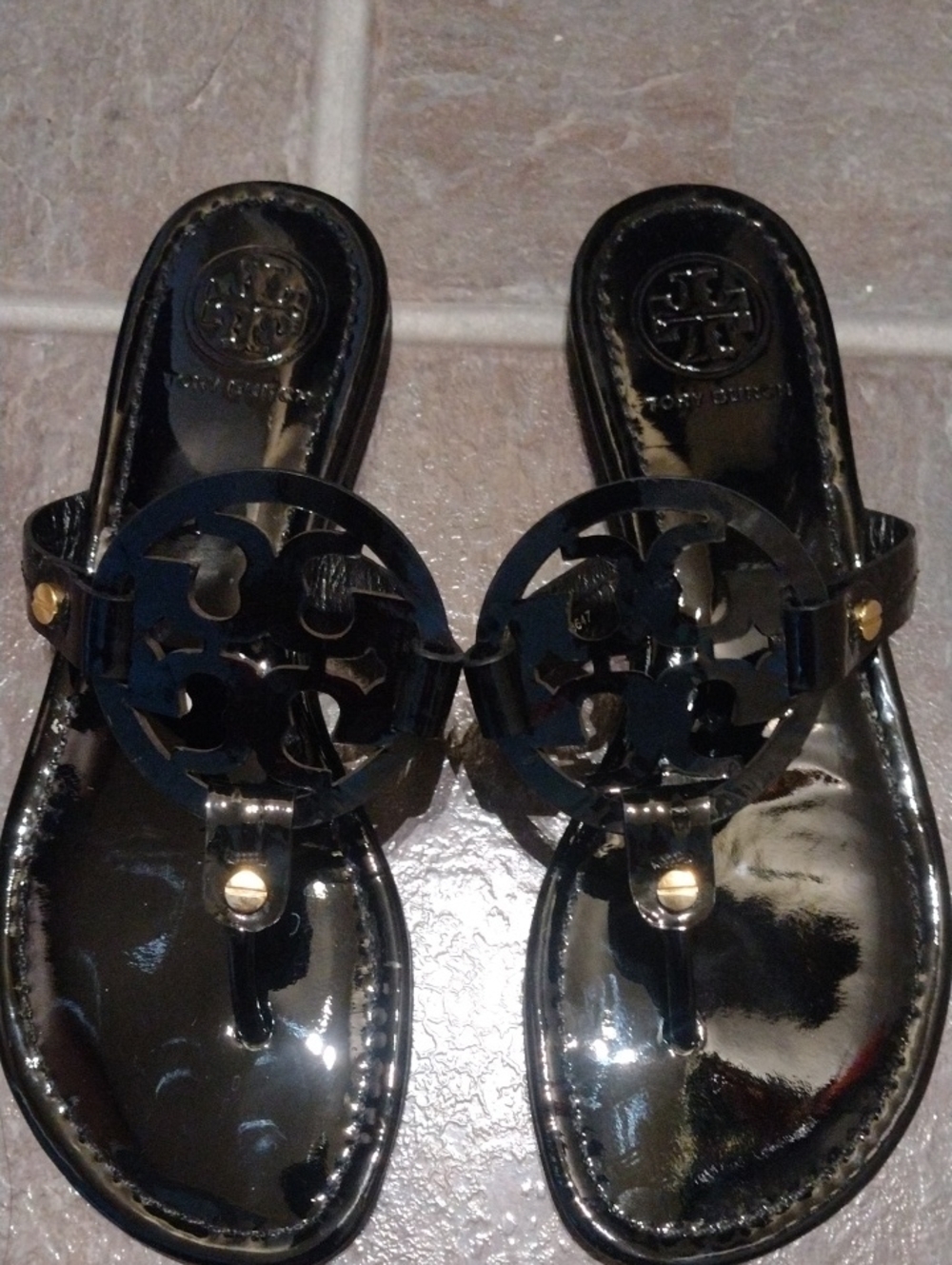 Tory Burch Black Patent Leather Miller Logo Thong Sandals